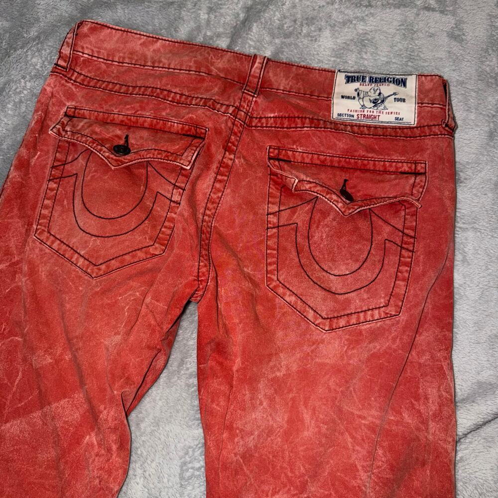 True Religion Red Orange Acid Wash Jeans Men’s 36 Straight “World Tour”